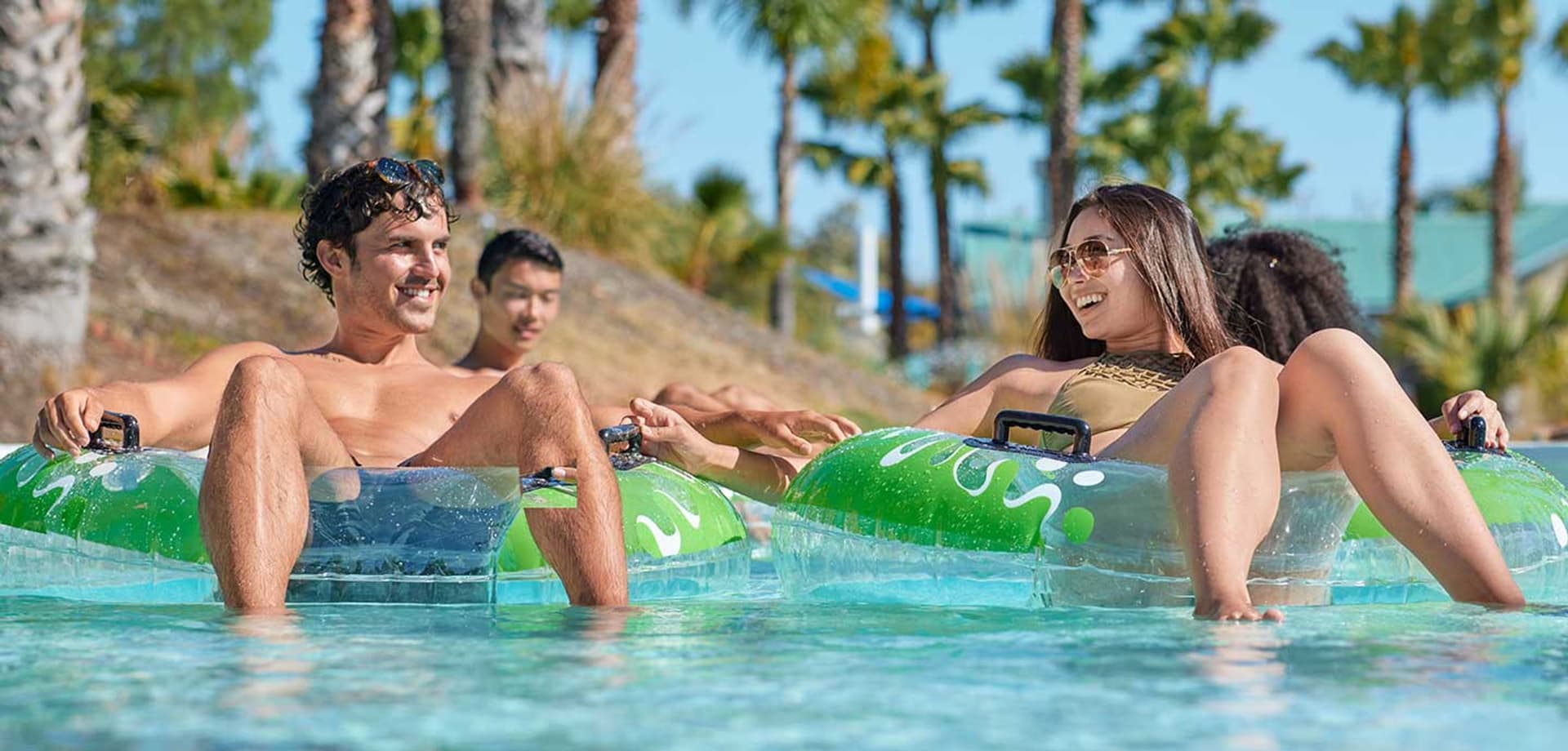 A couple enjoying a relaxing lazy river ride
